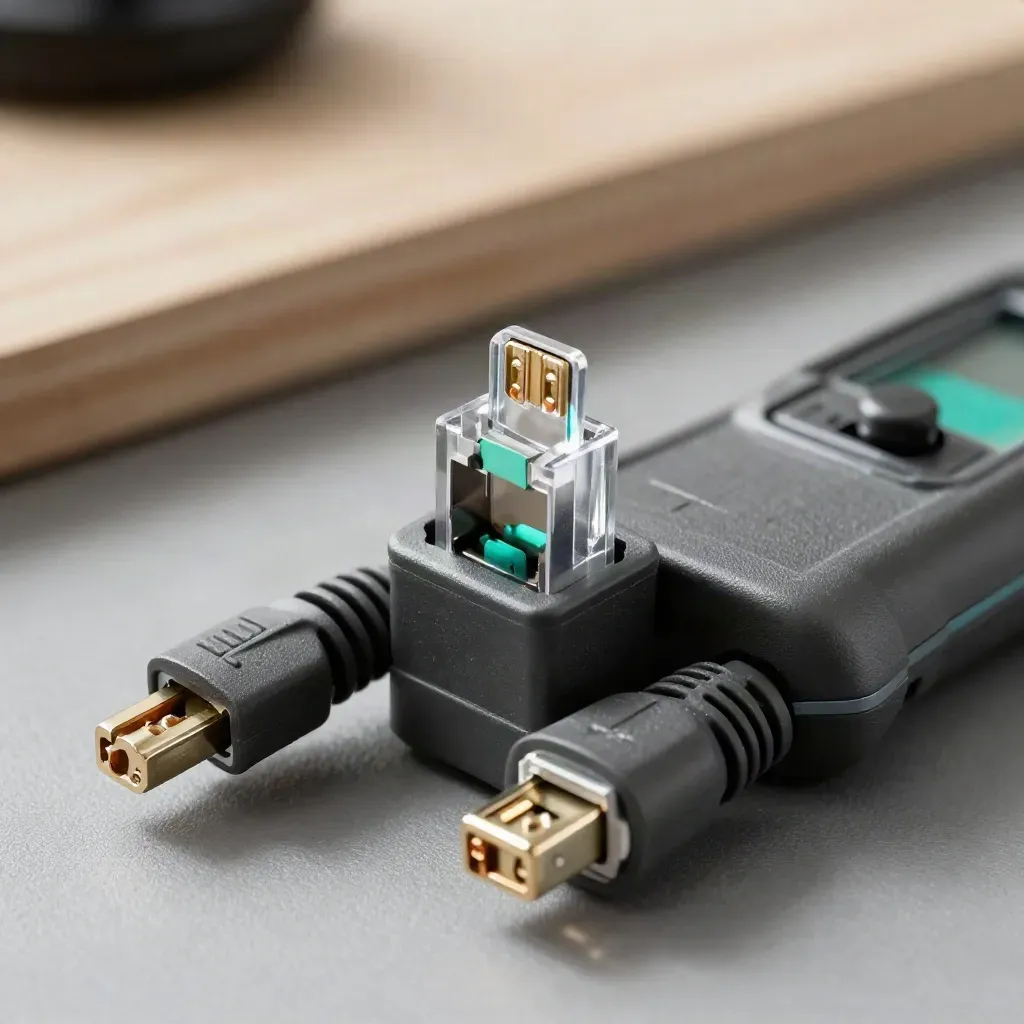 RJ45 plugs and a cable tester block in an extreme macro still life on graphite.