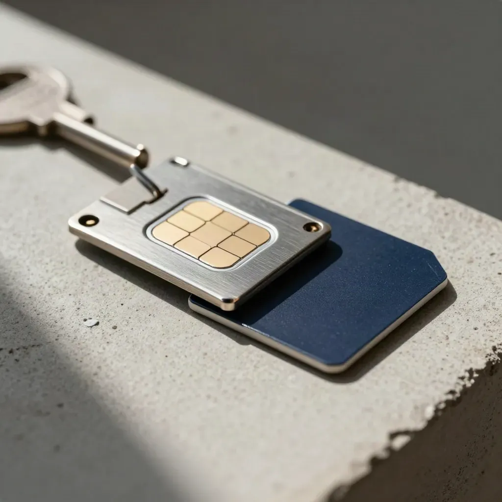 SIM tray, ejector pin, and SIM sleeve on pale concrete, top-down close-up