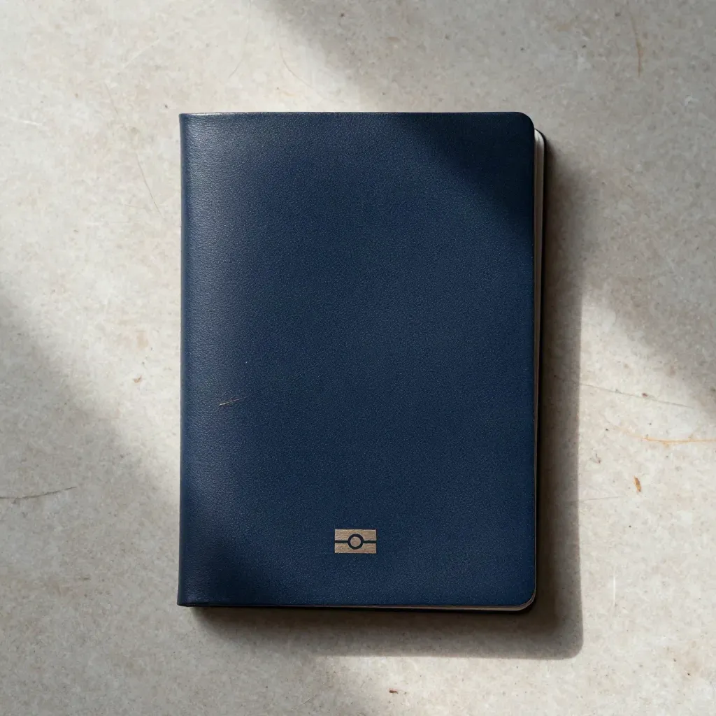 Passport booklet, blank ID shell, and metal clip on stone in a top-down security still life.
