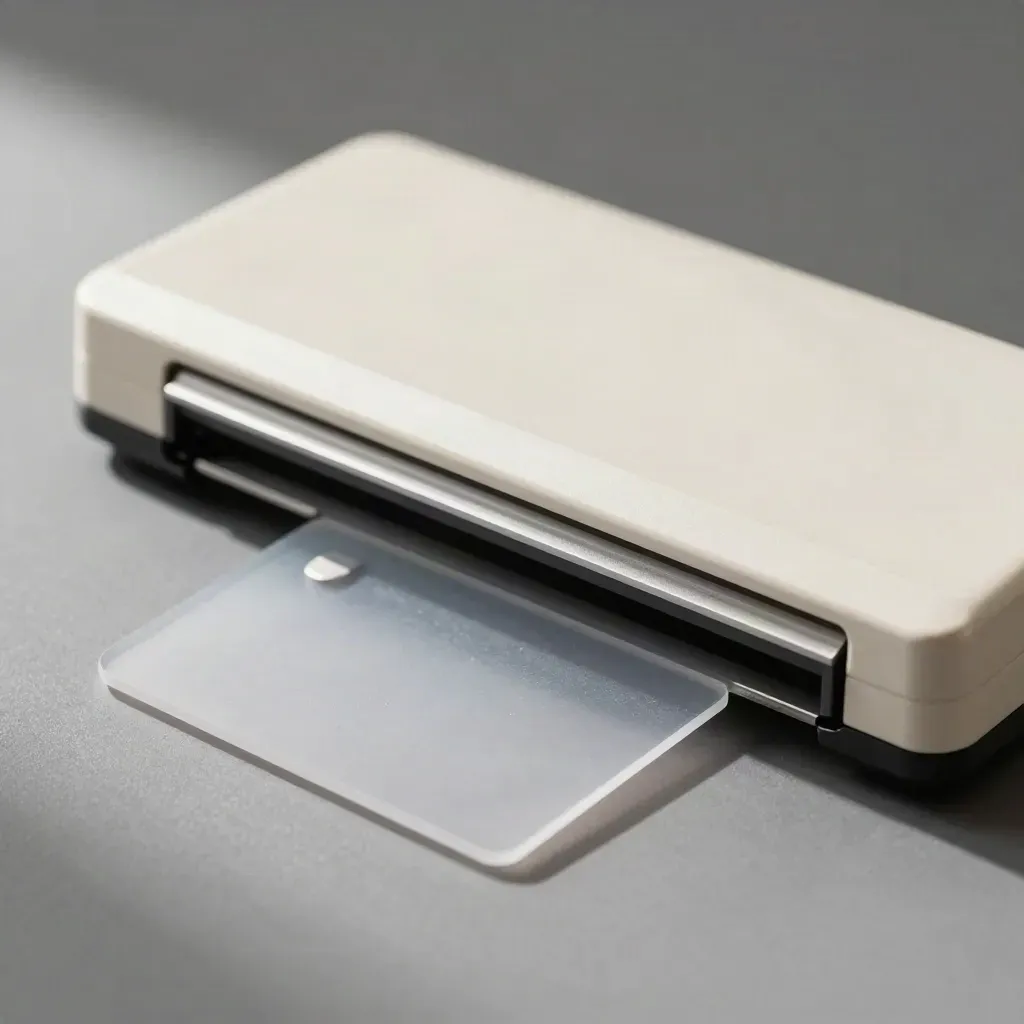 Macro still life of a scanner lid, ID card, and alignment clip on pale brushed metal.