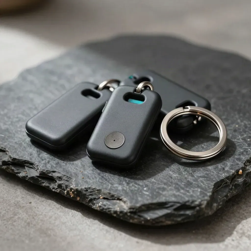 Macro still life of NFC fobs, a scuffed token, and a magnetic key ring on dark stone.
