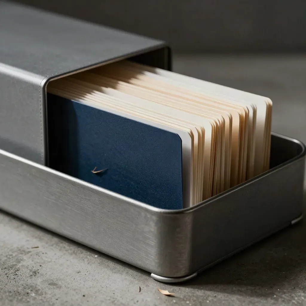Macro of a metal filing tray with binder and fanned index tabs on concrete.