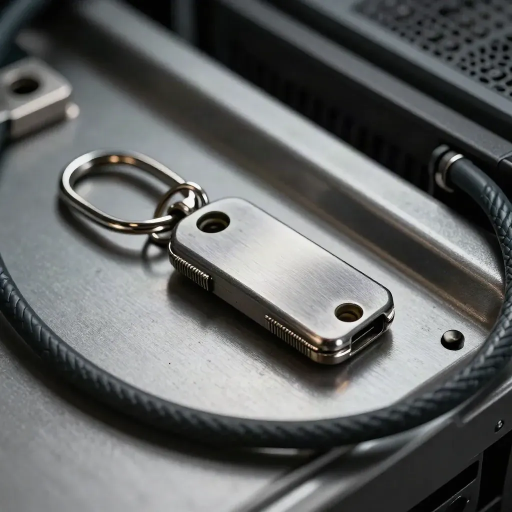 Security key, badge clip, and key fob beside a blurred cable loop in a server room.
