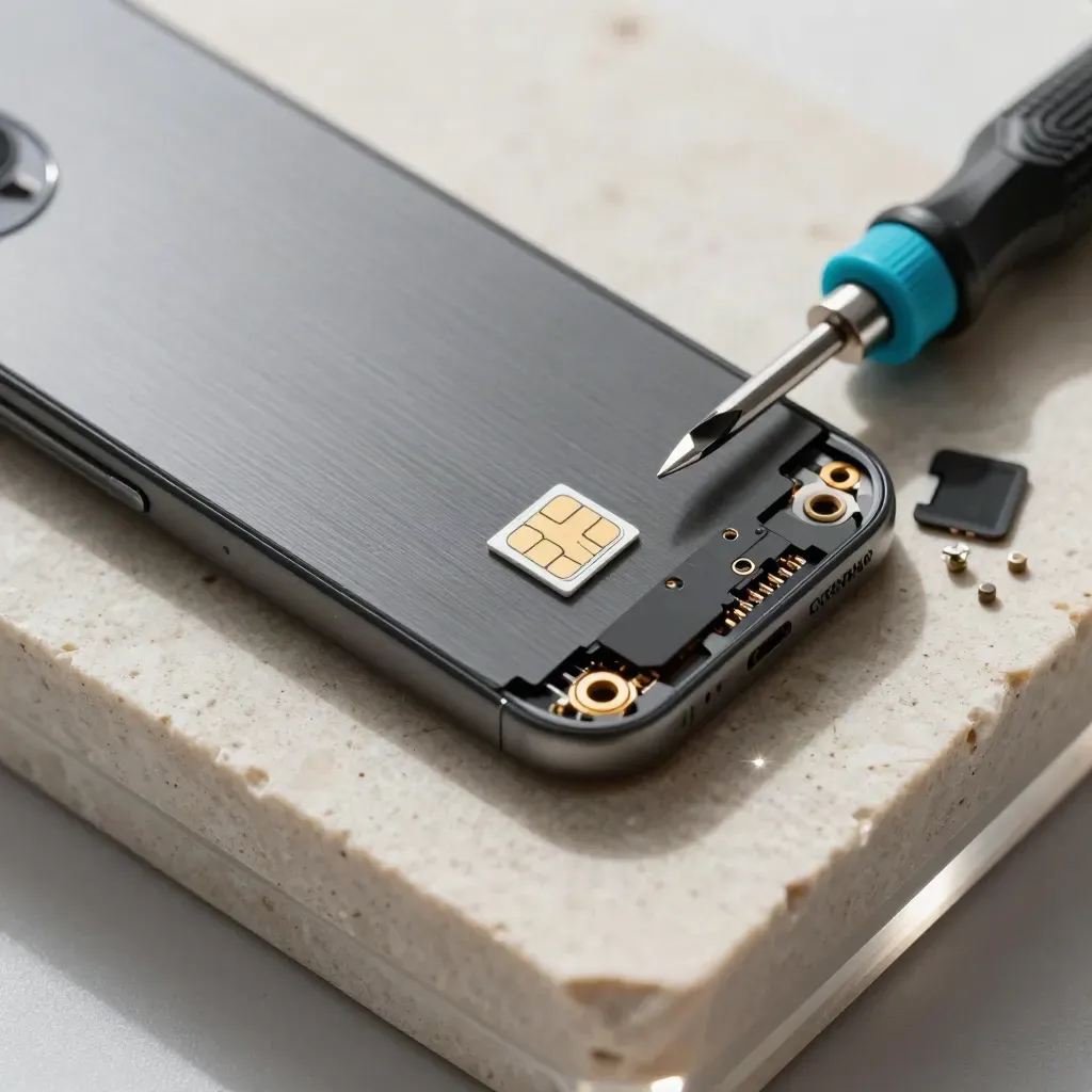 Macro still life of a phone backplate, nano-SIM, and screwdriver on pale stone through acrylic.