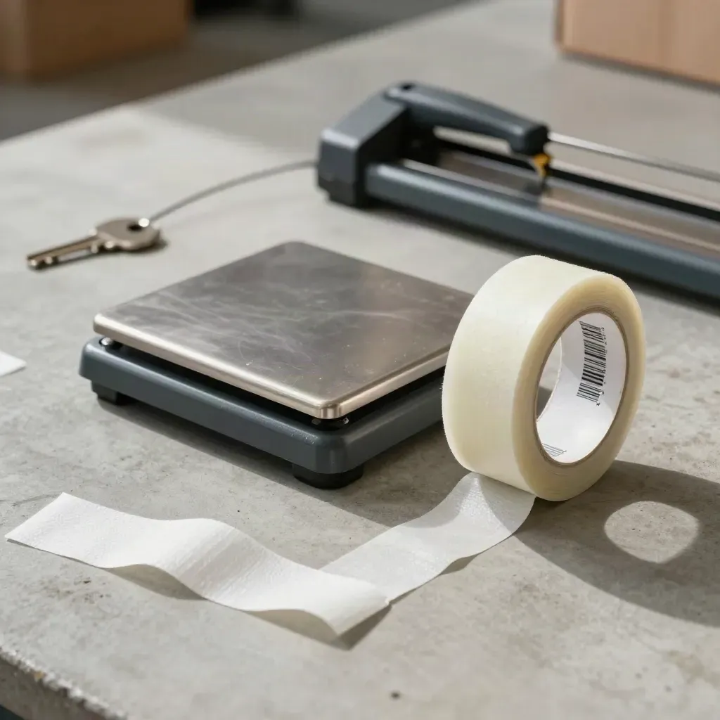 Barcode scanner, shipping scale, tamper tape and cutter on concrete, seen through packing foam.