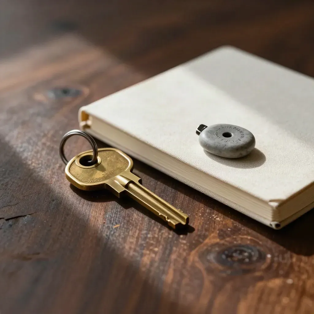 Brass security key, closed notebook, and stone paperweight on dark walnut in dramatic light.