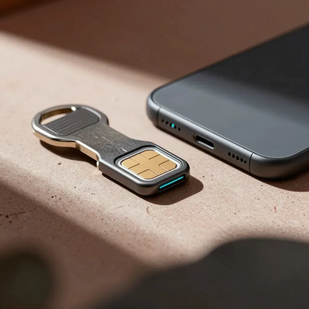 SIM tray, hardware security key, and matte phone shell on warm concrete in soft daylight