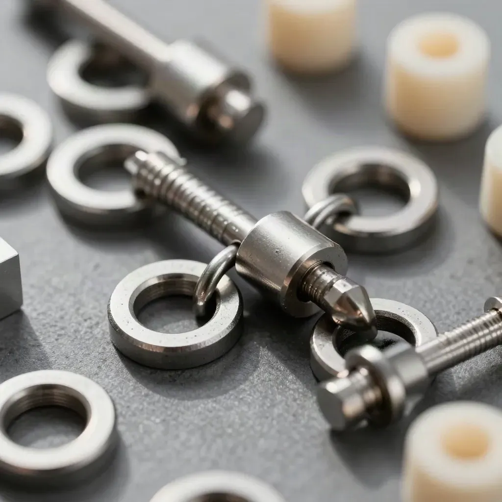 Linked rings and connector blocks on brushed steel in a clean macro flatlay.