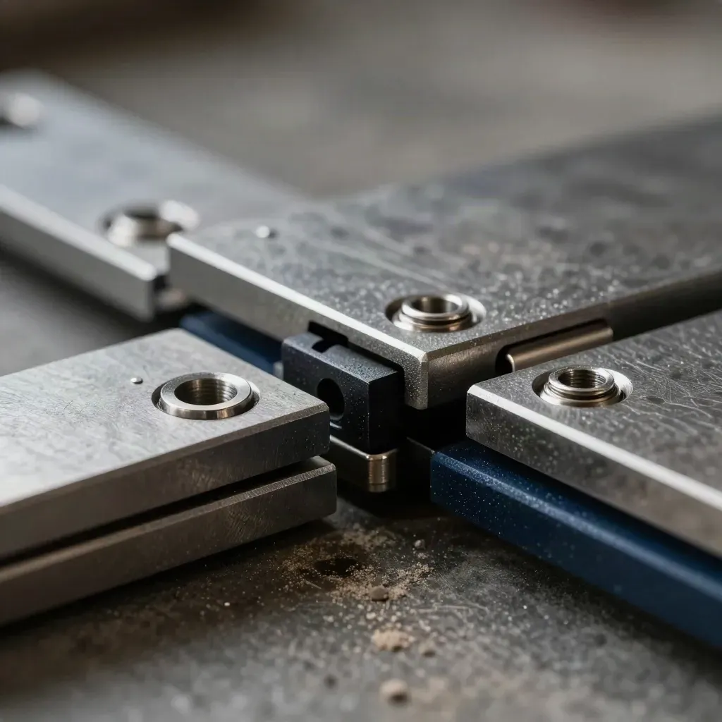 Machined steel plates and a hinge piece on dark concrete, lit dramatically with a navy accent.