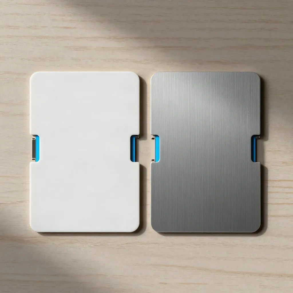 Top-down card blanks and connector clips on pale wood with cyan accents.