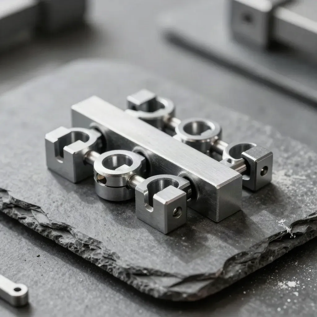 Aluminum blocks and connector rings locking into a grid on stone in soft daylight.