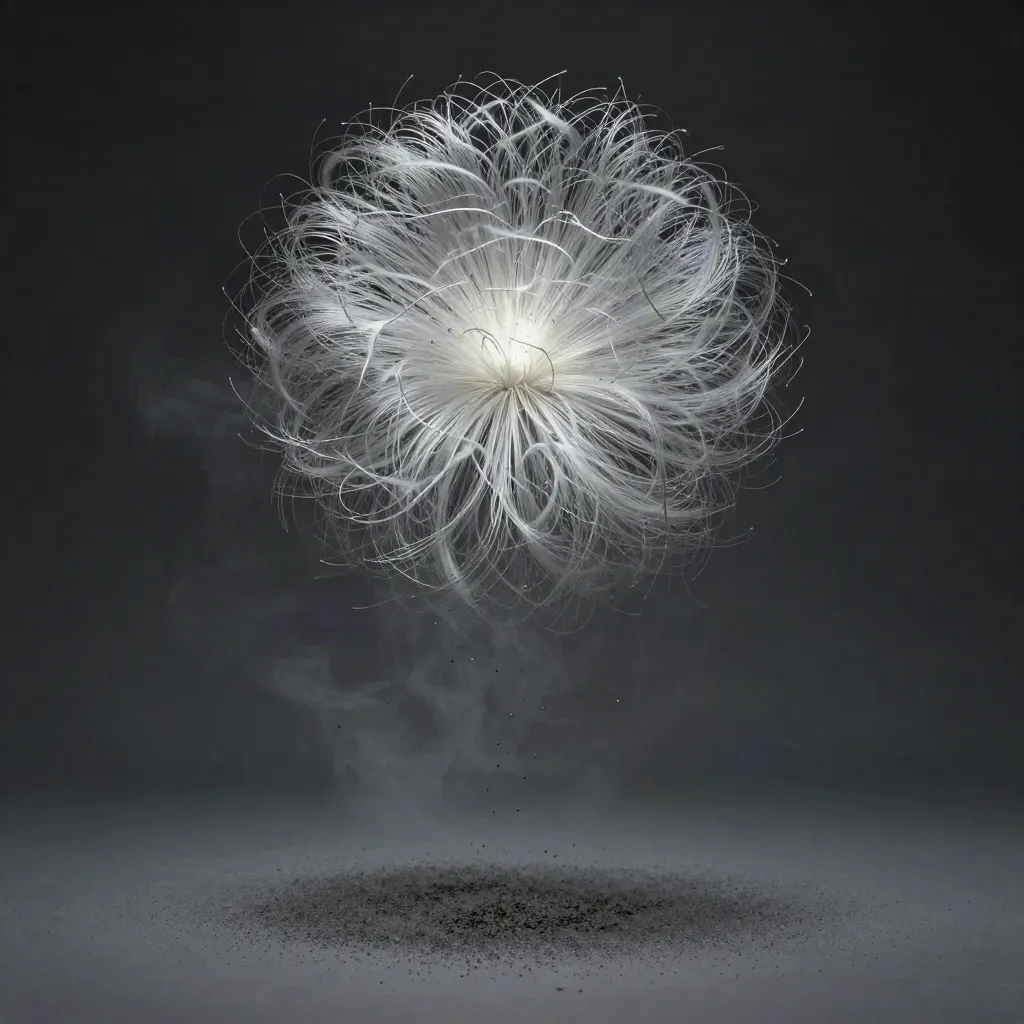 Silver filaments converge into a white bloom in dark graphite haze.