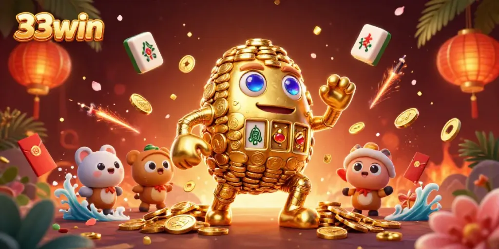 Enjoy exciting wins with 33win's vibrant golden golem surrounded by festive gaming elements.