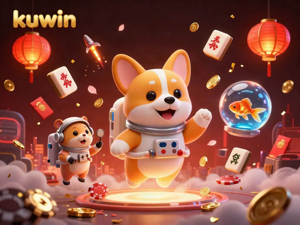 Experience kuwin's thrilling gaming by floating corgi in a vibrant casino scene filled with excitement and treasures.