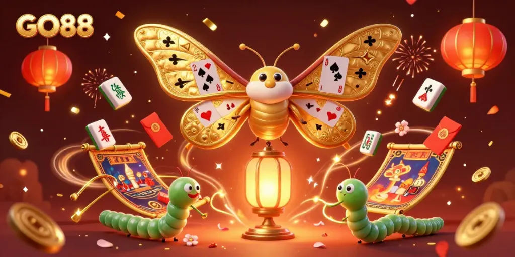 GO88 showcases enchanting 3D illustration featuring a butterfly amidst casino elements celebrating winning moments.
