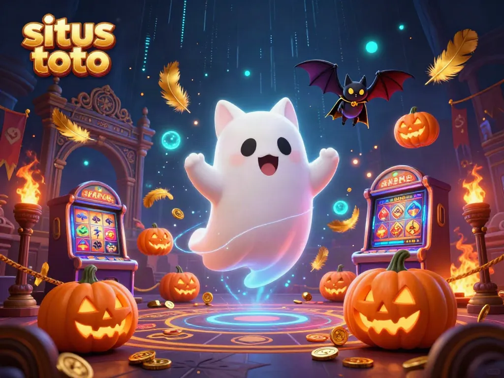 Experience excitement with situs toto in a colorful haunted casino scene featuring a ghost cat, bat, and glowing jack-o-lanterns.