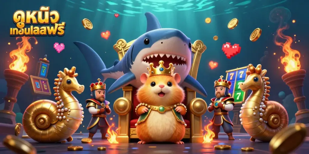Engaging 3D scene of a tiny golden hamster king on a throne, depicting ดูหนังออนไลน์ฟรี with casino elements for a fun gambling experience