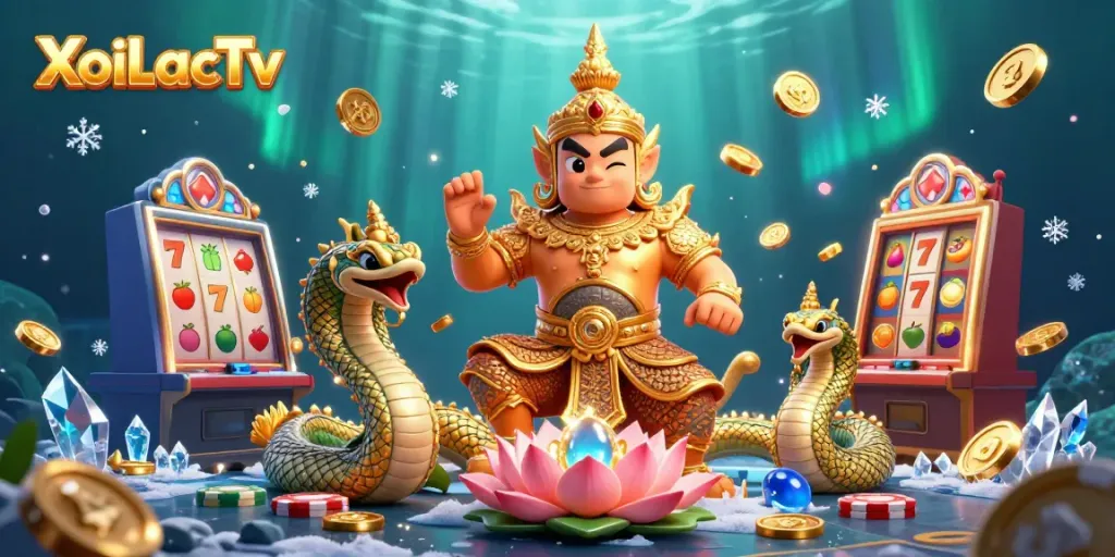 XoiLacTv's thrilling gaming scene with cartoon Thai guardian, Naga companions, and vibrant slot machines.