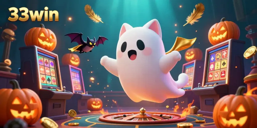 Experience the thrill of 33win with a ghost cat and bat in a vibrant casino!