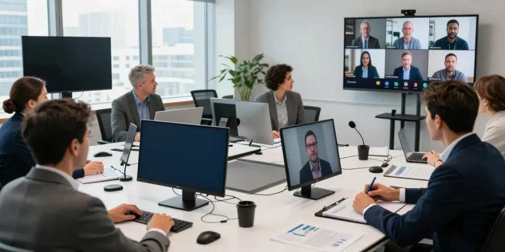 Deepfake protected Conferencing in a modern meeting room with professionals using advanced technology