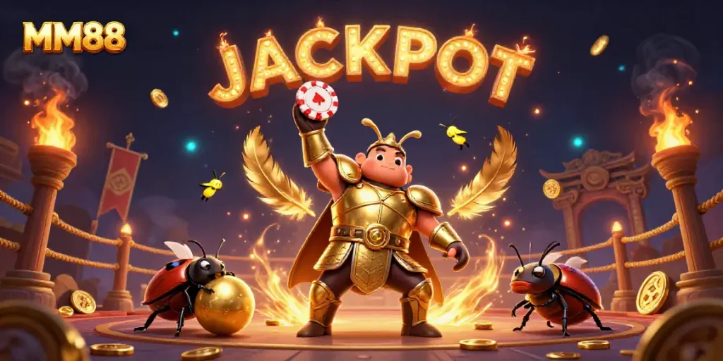 Celebrate a big win with MM88 in an illustrated casino scene featuring a victorious hercules beetle.