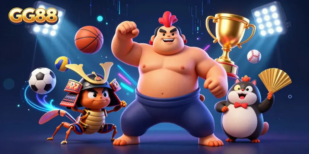 Experience the thrilling atmosphere of GG88 with powerful characters and dynamic sports elements in this vibrant scene.