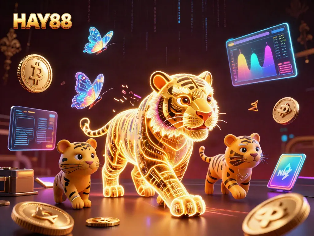 Experience thrilling gameplay at HAY88 with a neon-wireframe tiger amidst digital casino elements.