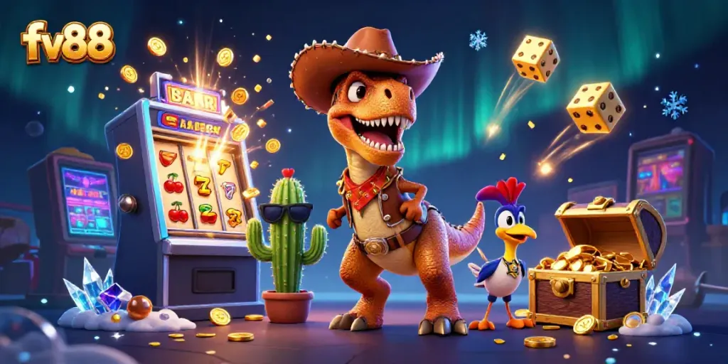 Experience thrilling jackpots in the vibrant fv88 casino scene with exciting animated characters.