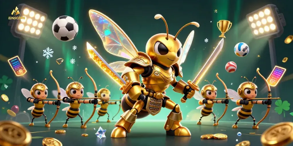 Experience thrilling bets with IDNSCORE in a vibrant 3D casino scene filled with dynamic sports elements.