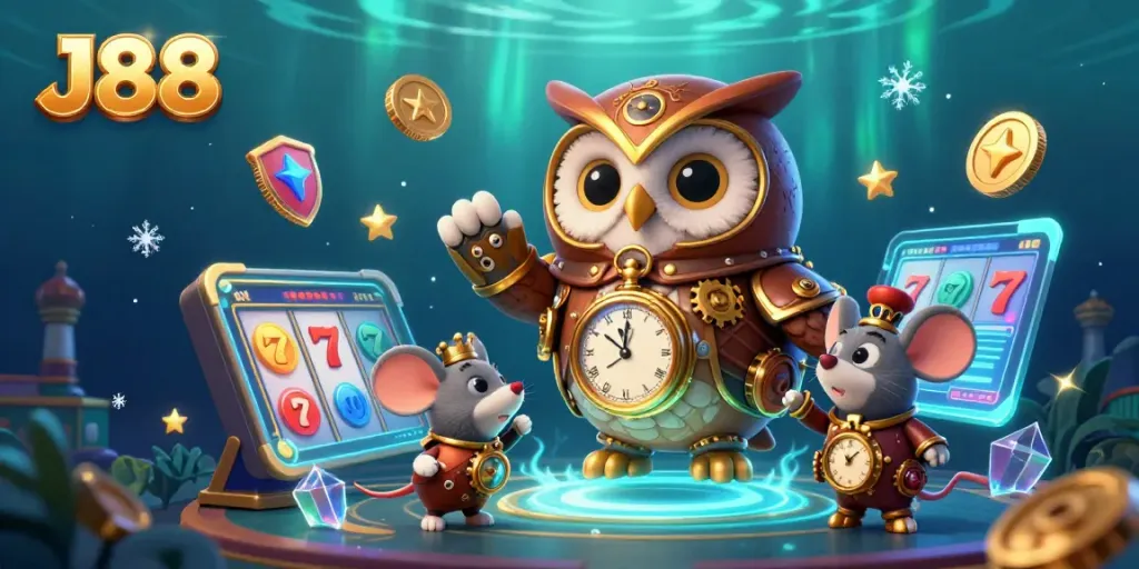 Spin the reels in the enchanting world of J88 with a steampunk owl, a clockwork mouse, and vibrant casino elements.