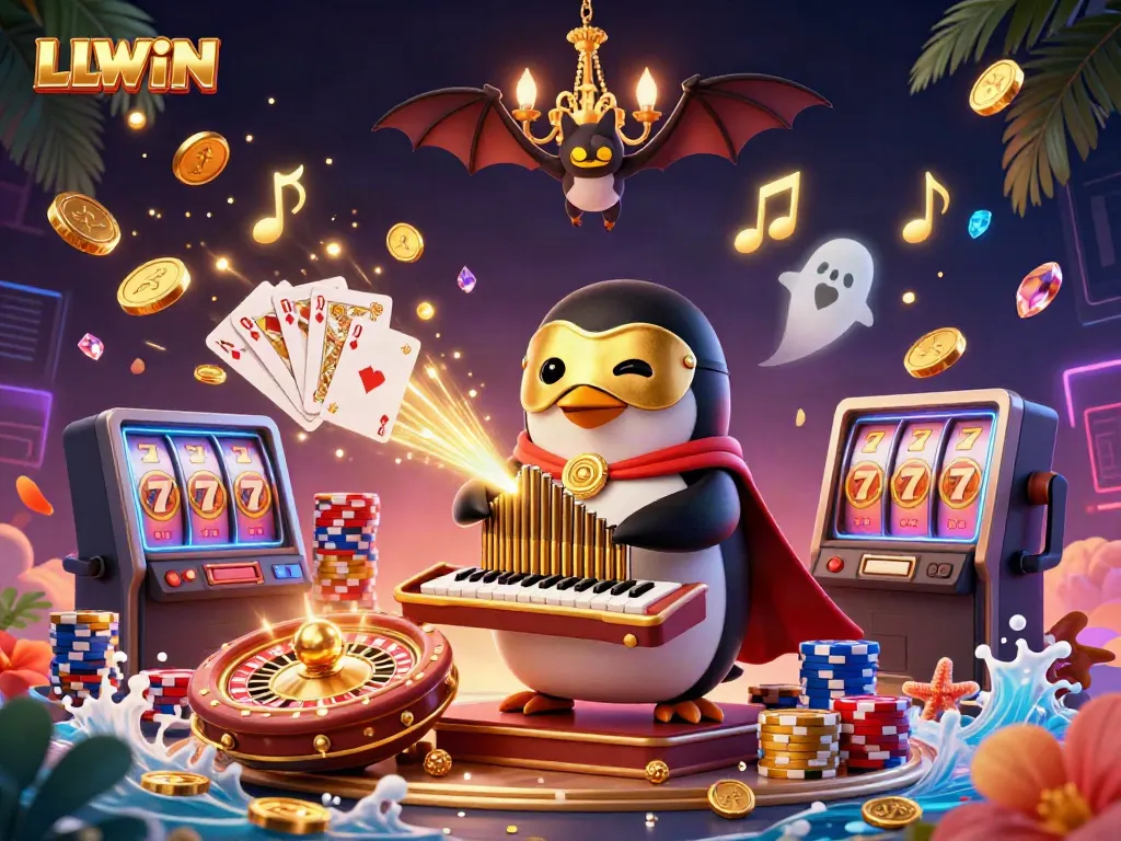 Experience LLWIN's vibrant gaming scene with a penguin and bat amidst gold coins, cards, and roulette.