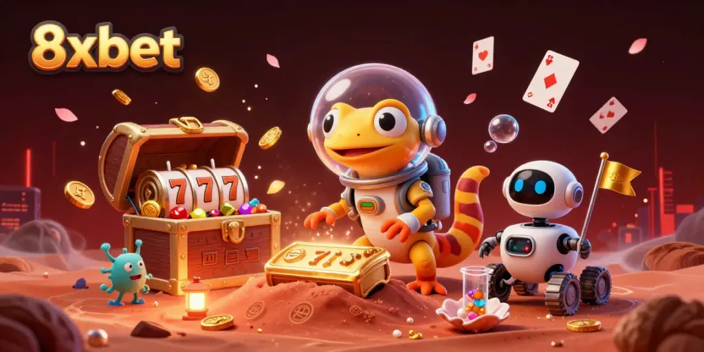 Catch the excitement at 8xbet, where a Martian gecko discovers a vibrant casino in a colorful 3D scene.