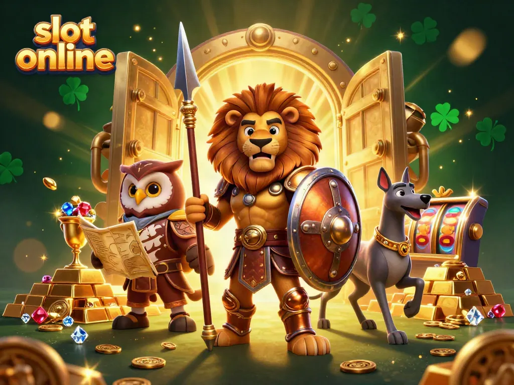Spin the reels of slot online while a Spartan lion stands guard over treasures.