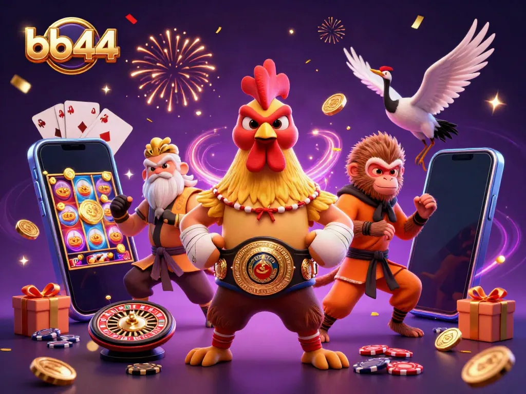 bb44 showcases fierce characters in a vibrant casino scene filled with slots and poker elements.