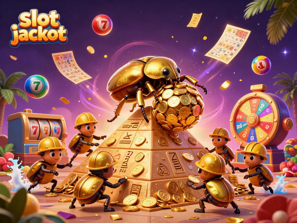 Witness the excitement of slot jackpot games with vibrant dynamic illustrations capturing golden coin treasures.