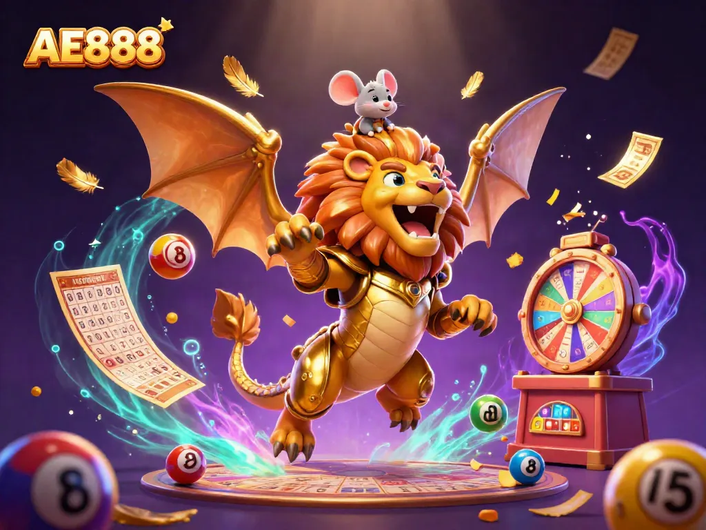Experience the thrilling essence of AE888 with a roaring chimera, vibrant game elements, and dazzling effects.