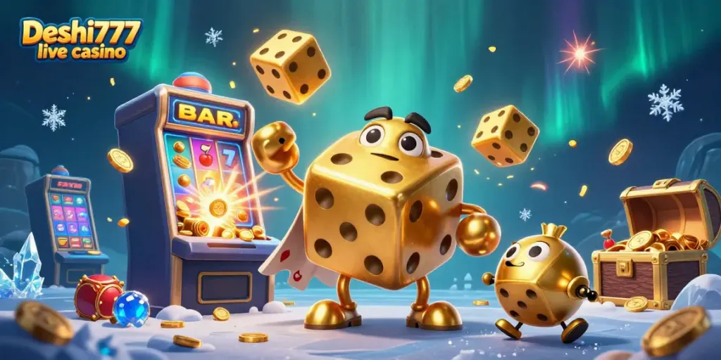 Experience interactive gaming with Deshi777 live casino featuring vibrant golden dice and dynamic casino elements.