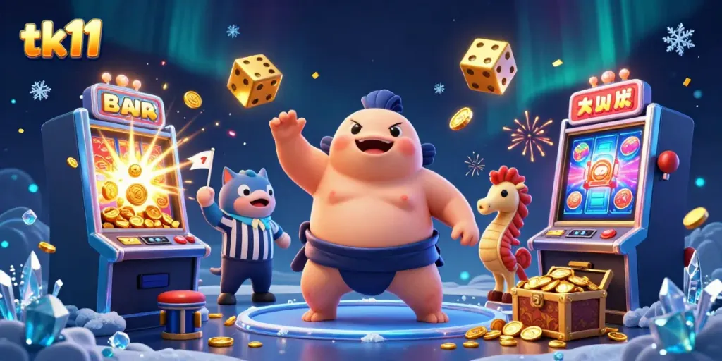 Engage in an exciting casino scene featuring tk11, cartoon characters, and dynamic slot machine action.