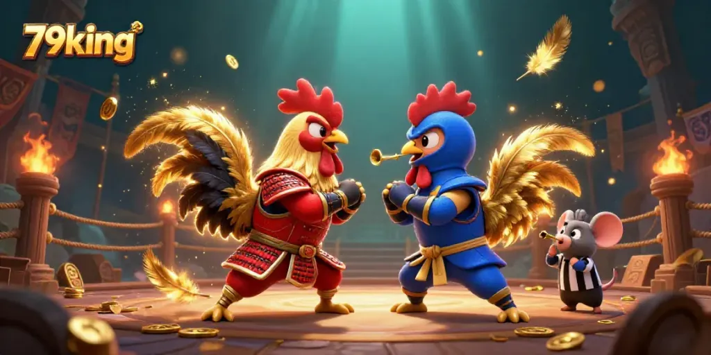 Experience thrilling action at 79king with vibrant cartoon roosters in an epic gambling showdown.
