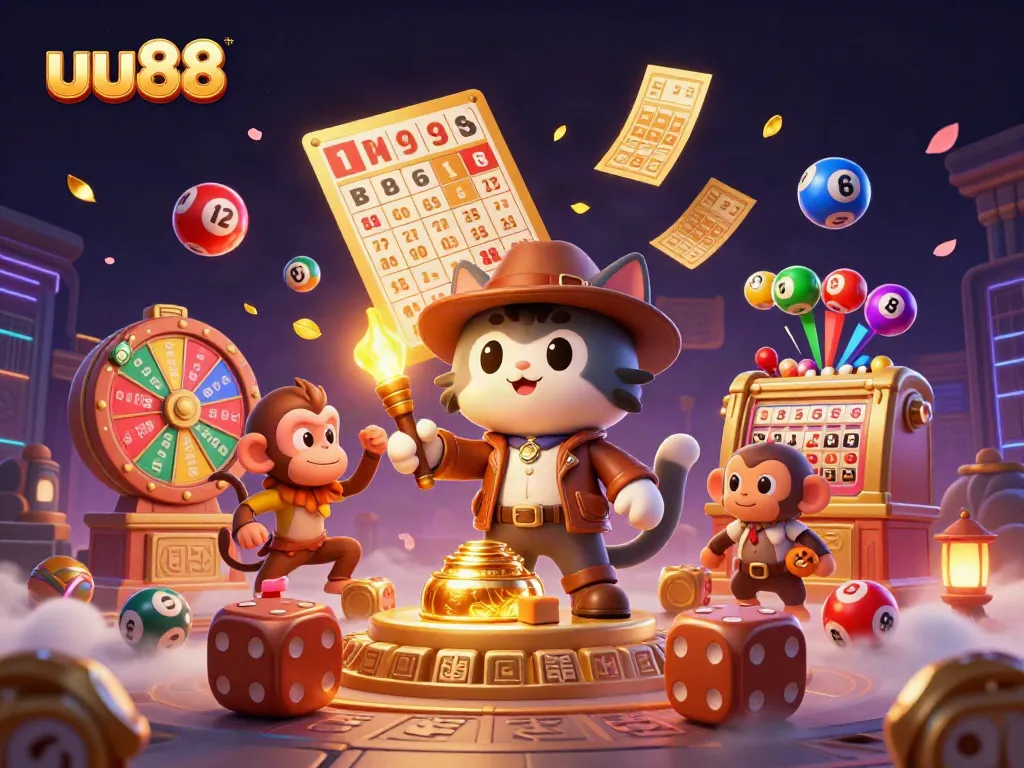 Engage with uu88 as a cartoon archaeologist cat discovers golden casino treasures in a vibrant illustration.