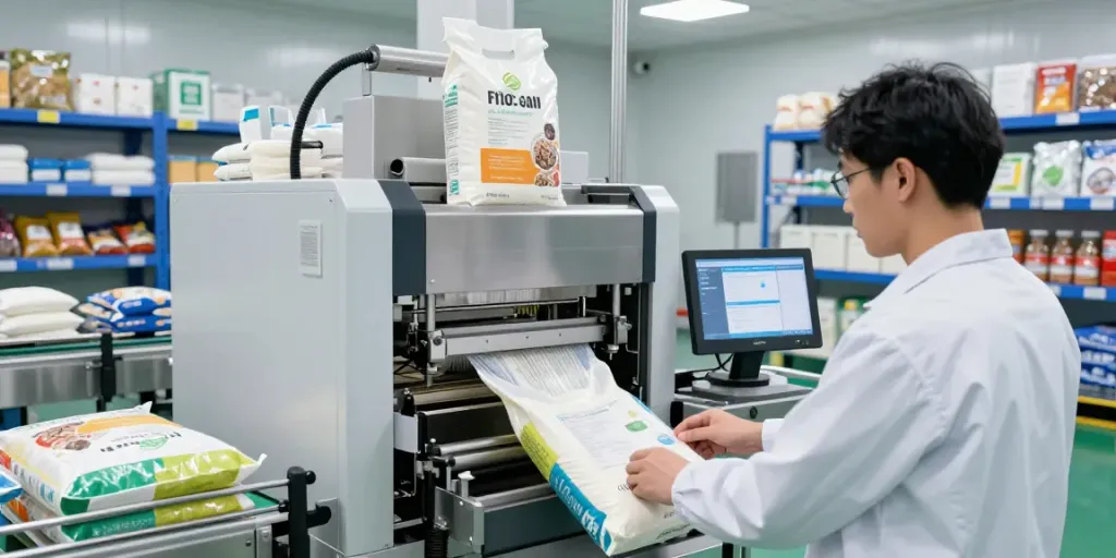 Automated bagging solutions in action, showcasing a machine filling bags with precision in a modern packaging facility.