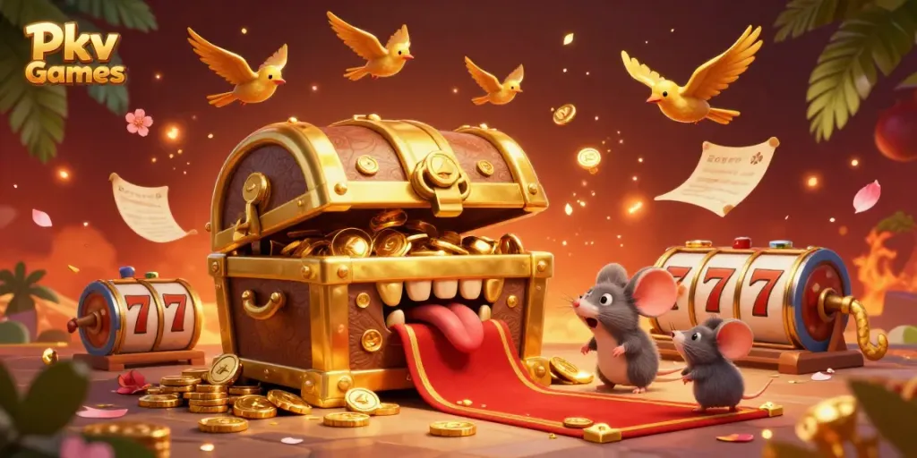 Pkv Games illustration with a treasure chest and spinning slot reels in a vibrant casino scene.