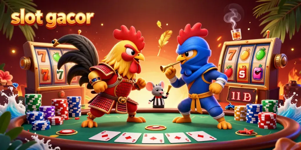 Experience the excitement of slot gacor with a vibrant 3D scene featuring cartoon roosters and casino elements.
