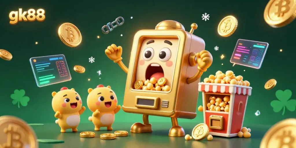 Experience the thrilling jackpot celebration with GK88 where golden slot machines cheer with coins pouring out.
