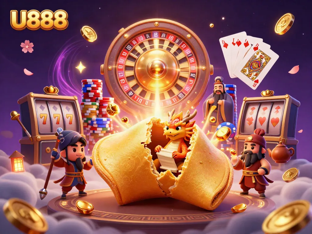 Experience thrilling games at U888, featuring dynamic casino elements and a whimsical dragon guardian.