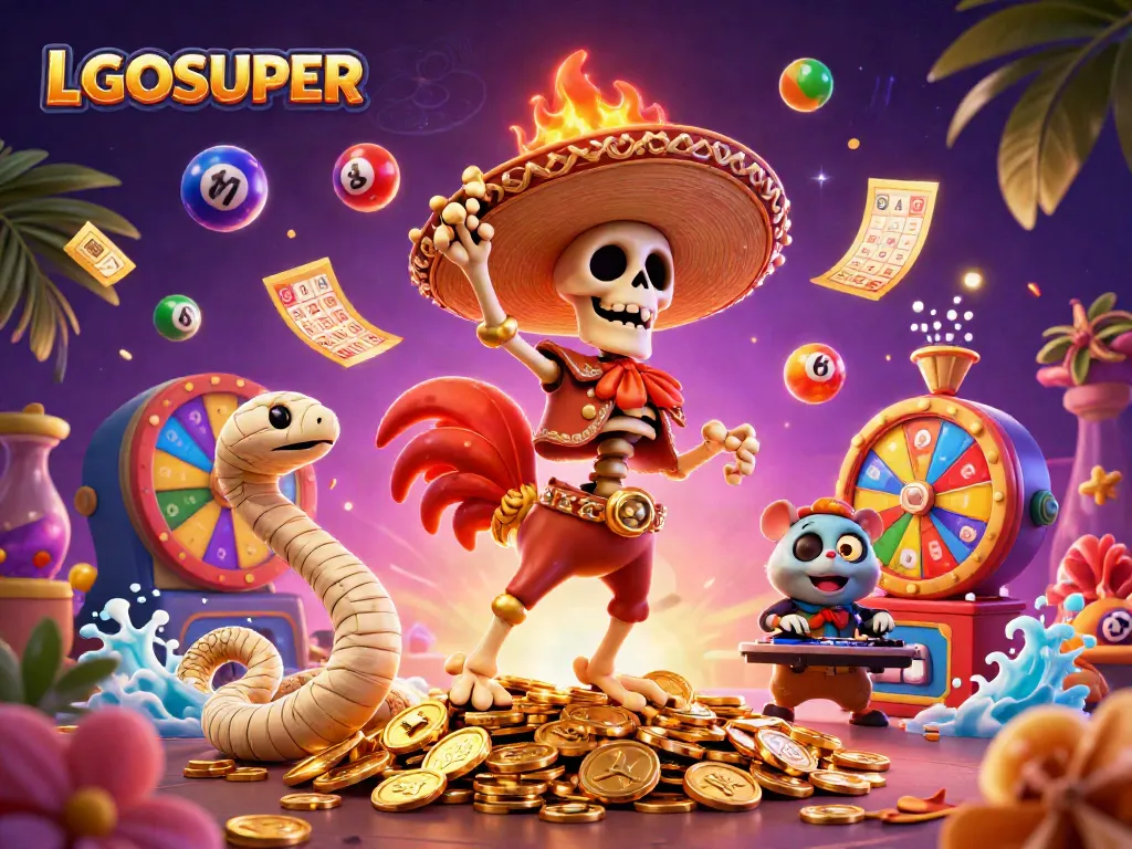 Witness the vibrant success of LGOSUPER with a festive mariachi rooster amidst dynamic gaming elements.