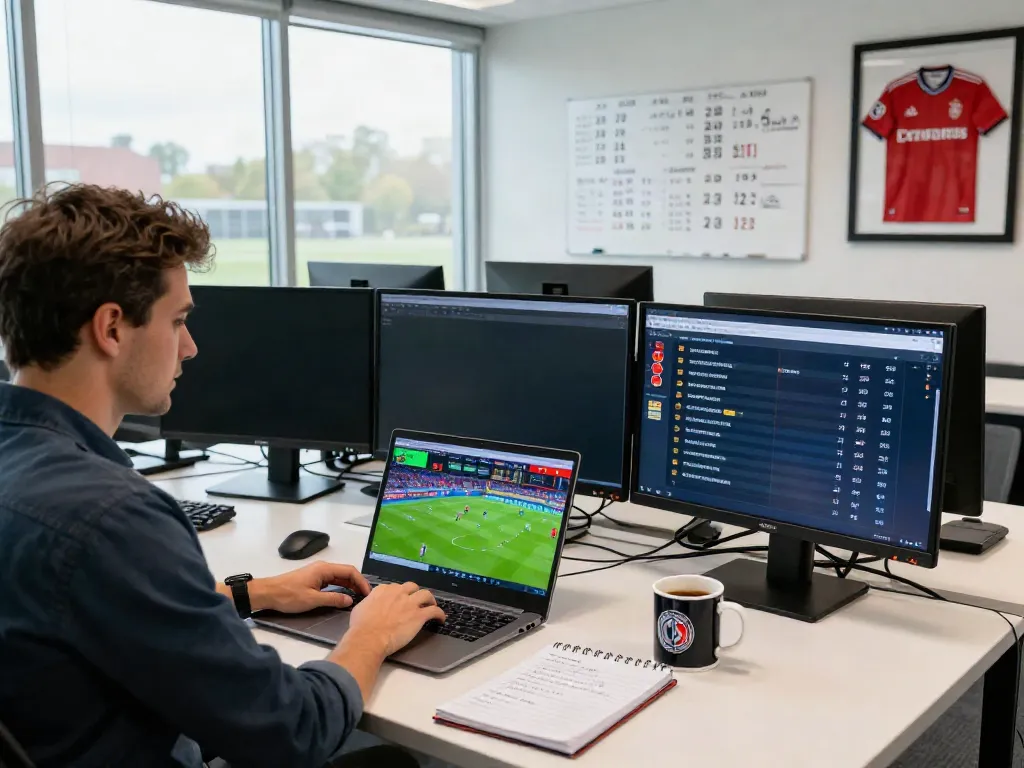 Breaking news in soccer transfer market, journalist updating on ข่าวกีฬาฟุตบอล in a modern newsroom.