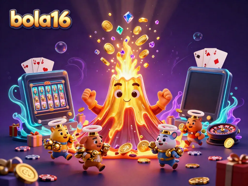 Bola16 offers a vibrant 3D casino scene featuring an erupting volcano and treasures surrounding engaging gaming elements.
