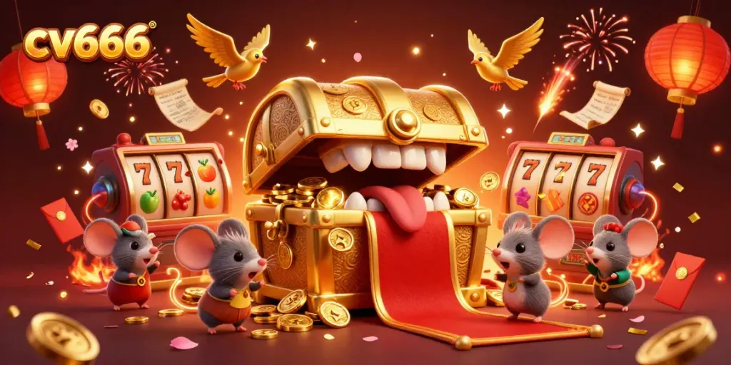 Engage in exhilarating slots action with cv666's vibrant 3D treasure scene filled with winnings and festive elements.