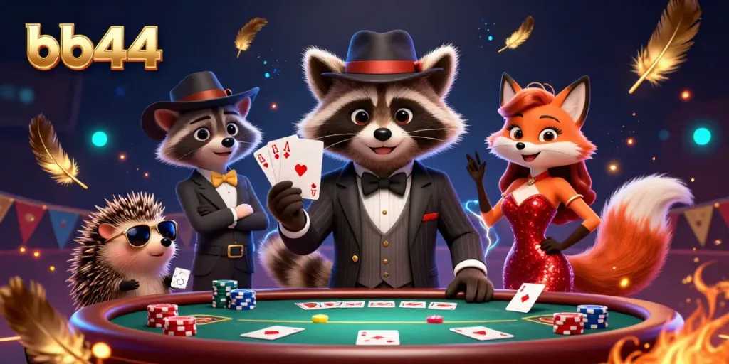 Join the gaming action at bb44, featuring raccoon holding a royal flush with vibrant casino elements.
